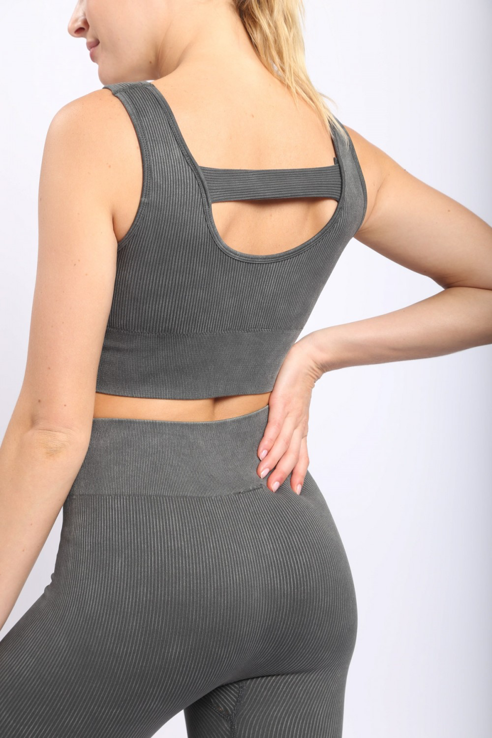 Carolyne Ribbed Cut-out Back Mineral Wash Seamless Hybrid Sports Bra