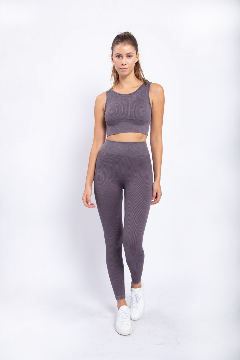 Carolyne Ribbed Cut-out Back Mineral Wash Seamless Hybrid Sports Bra