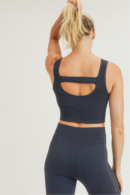 Carolyne Ribbed Cut-out Back Mineral Wash Seamless Hybrid Sports Bra