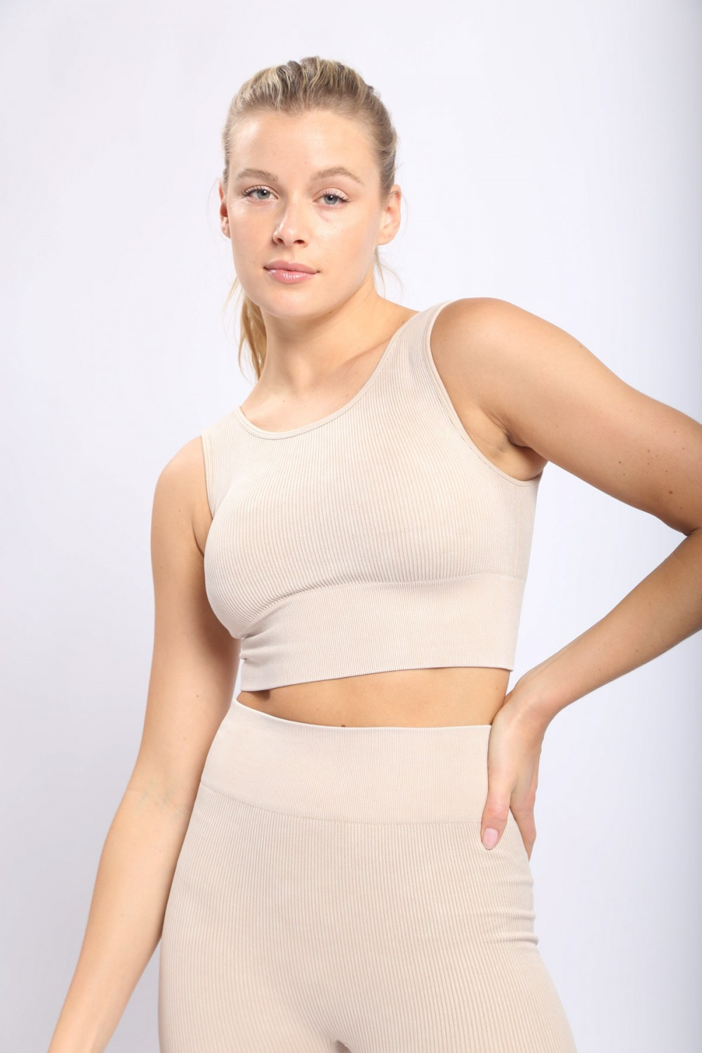 Carolyne Ribbed Cut-out Back Mineral Wash Seamless Hybrid Sports Bra