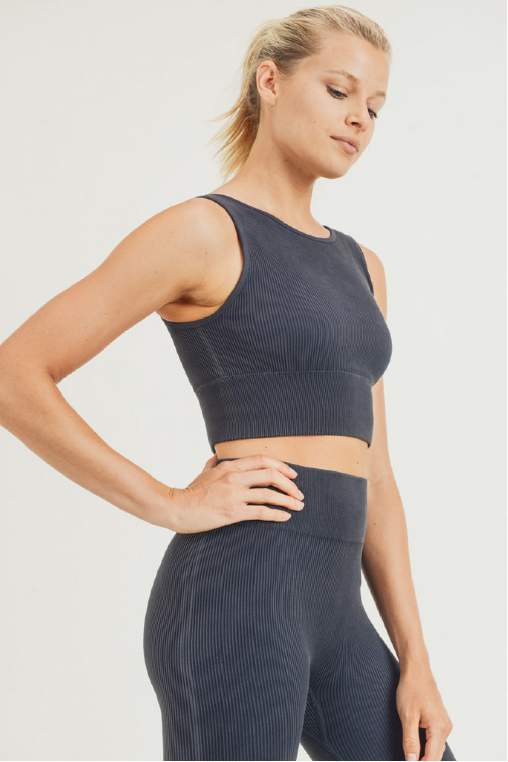 Carolyne Ribbed Cut-out Back Mineral Wash Seamless Hybrid Sports Bra